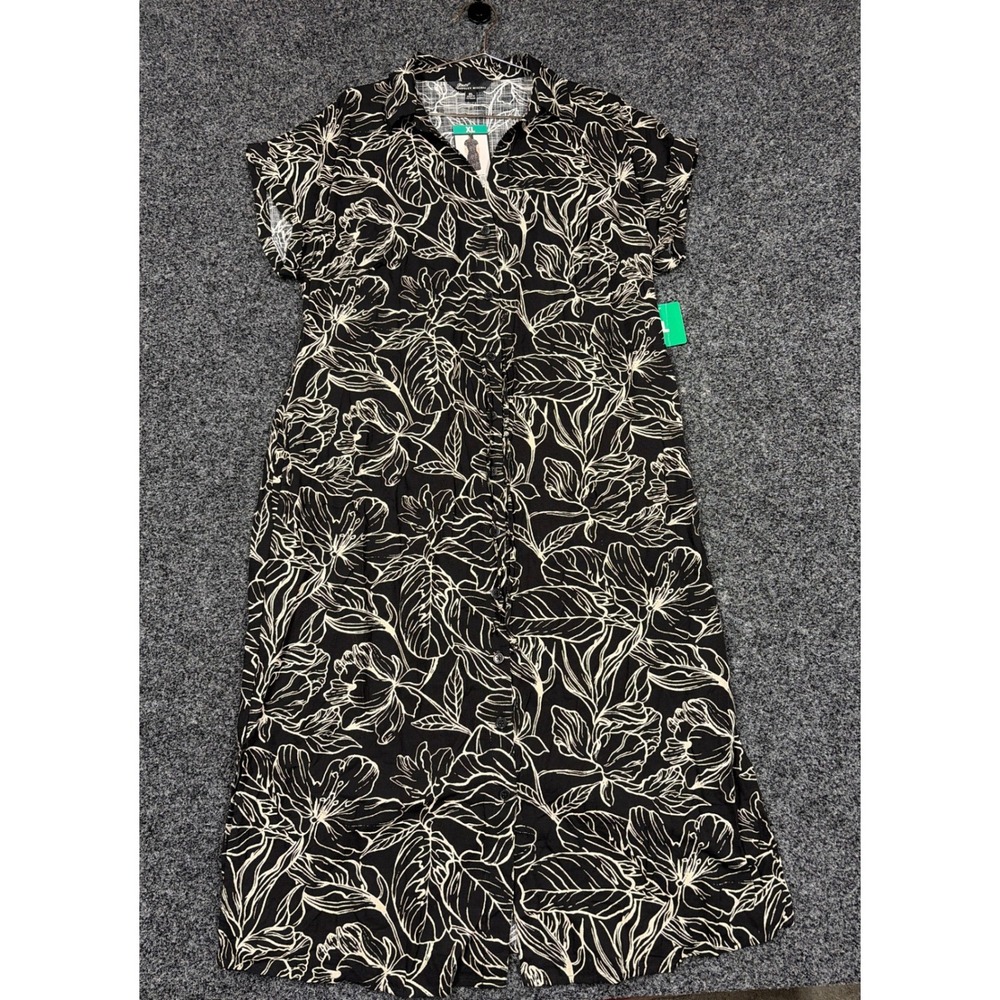 Jewel Badgley Mischka Dress Women XL Black Floral Button Front Midi Shirt Dress